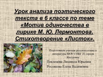 Урок анализа поэтического текста в 6 классе по теме Мотив одиночества в лирике М. Ю. Лермонтова. Стихотворение Листок