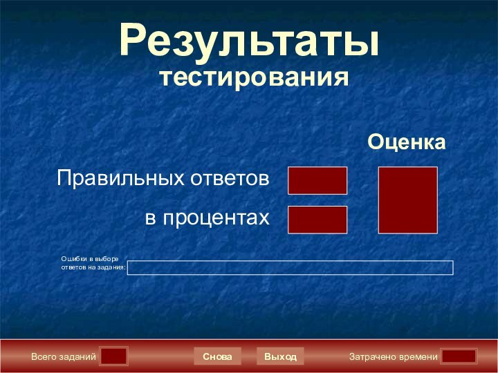 Всего заданийЗатрачено времениСноваВыходПравильных ответовв процентахОценкаРезультаты  тестированияОшибки в выборе ответов на задания: