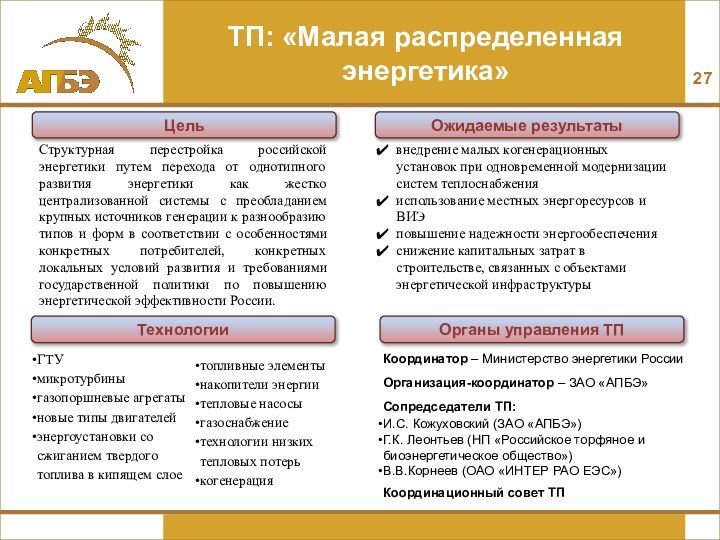 ТП: «Малая распределенная энергетика»ЦельСтруктурная перестройка российской энергетики путем перехода от однотипного развития