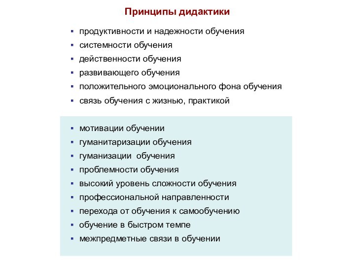 продуктивности и надежности обучениясистемности обучениядейственности обучения развивающего обученияположительного эмоционального фона обучениясвязь обучения