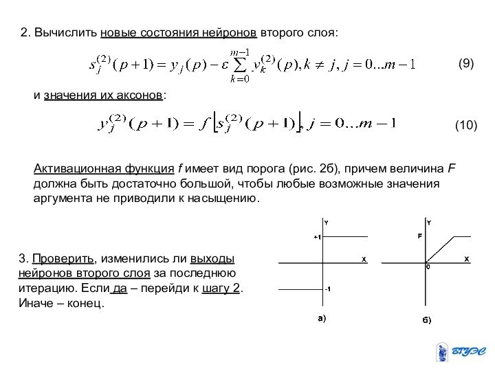 2. Вычислить новые состояния нейронов второго слоя: и значения их аксонов: (9)(10)Активационная