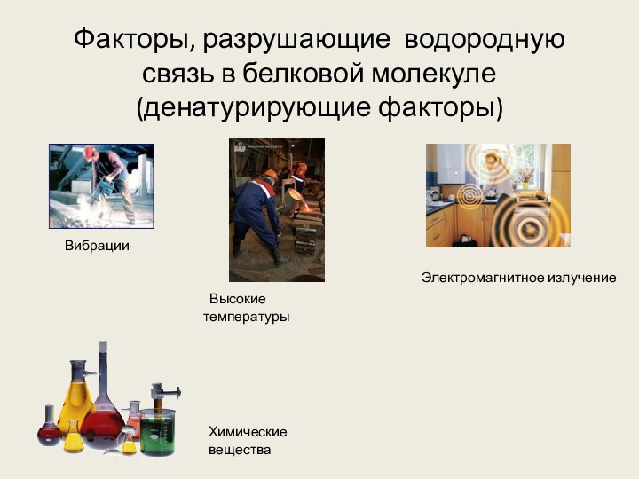 Факторы, разрушающие водородную связь в белковой молекуле  (денатурирующие факторы)Электромагнитное излучениеВибрации Высокие температурыХимические вещества