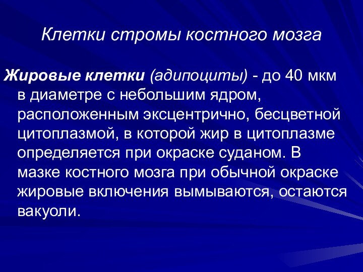 Клетки стромы костного мозгаЖировые клетки (адипоциты) - до 40 мкм в диаметре