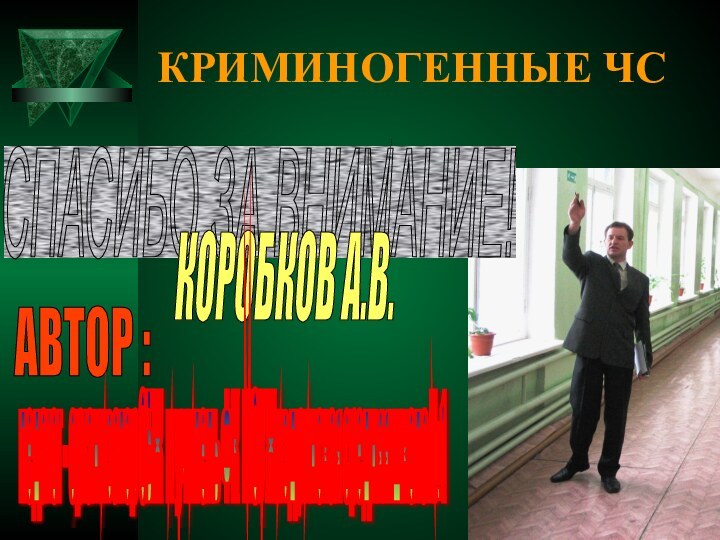 КРИМИНОГЕННЫЕ ЧССПАСИБО ЗА ВНИМАНИЕ! АВТОР : КОРОБКОВ А.В. педагог - организатор ОБЖ