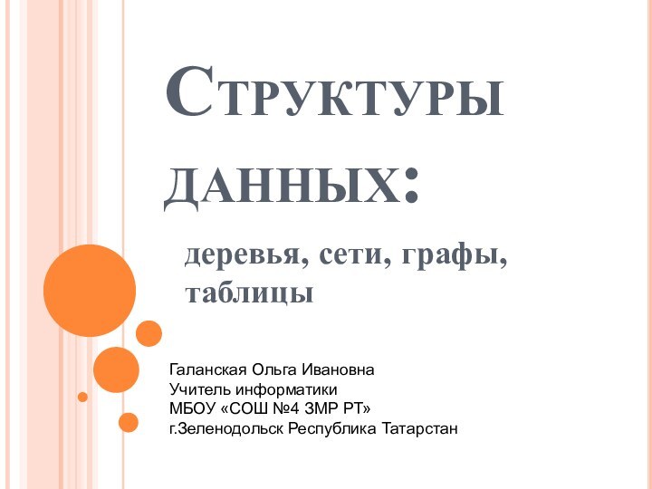 Структуры данных:деревья, сети, графы, таблицыГаланская Ольга ИвановнаУчитель информатики МБОУ «СОШ №4 ЗМР РТ» г.Зеленодольск Республика Татарстан