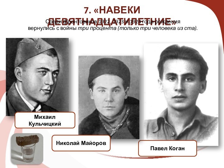 7. «НАВЕКИ ДЕВЯТНАДЦАТИЛЕТНИЕ»Среди фронтовиков 1922, 1923 и 1924 года рождения вернулись с войны три процента (только три человека из ста). Павел КоганМихаил КульчицкийНиколай Майоров