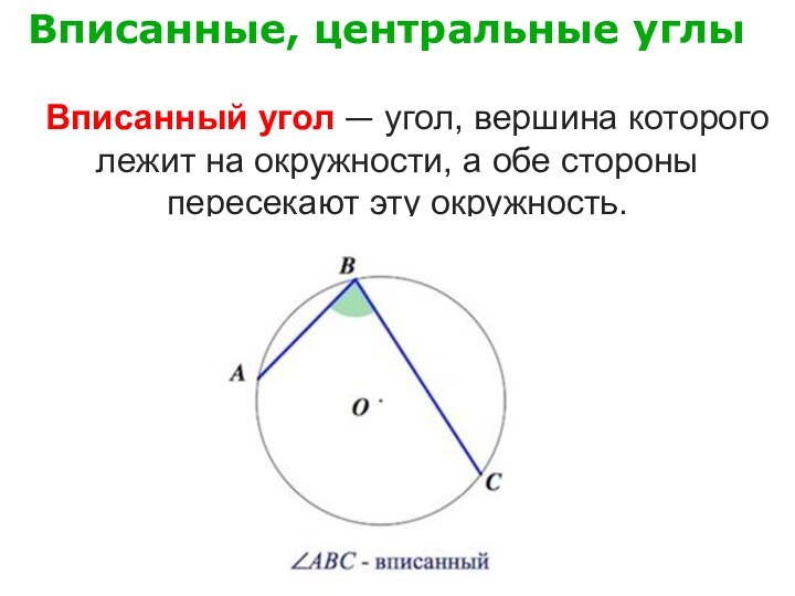 Вписанные, центральные углыВписанный угол — угол, вершина которого лежит на окружности, а обе стороны пересекают эту окружность.