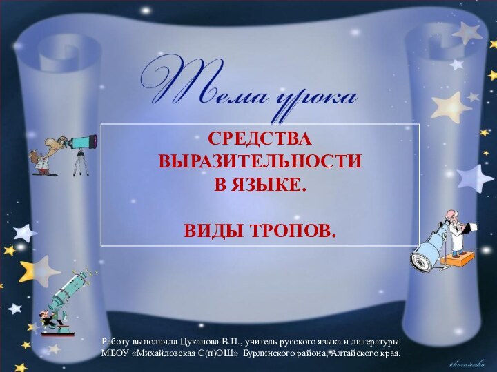 СРЕДСТВА ВЫРАЗИТЕЛЬНОСТИ  В ЯЗЫКЕ.  ВИДЫ ТРОПОВ.Работу выполнила Цуканова В.П., учитель