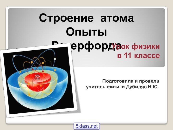 Строение атома Опыты РезерфордаУрок физики  в 11 классеПодготовила и провела учитель физики Дубиляс Н.Ю.