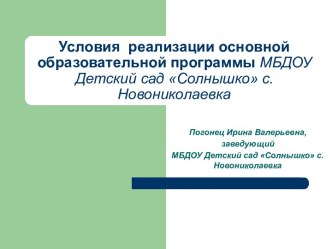 Условия реализации основной образовательной программы МБДОУ Детский сад Солнышко с.Новониколаевка