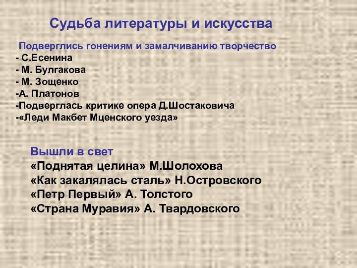 Судьба литературы и искусстваПодверглись гонениям и замалчиванию творчество С.Есенина М. Булгакова М.