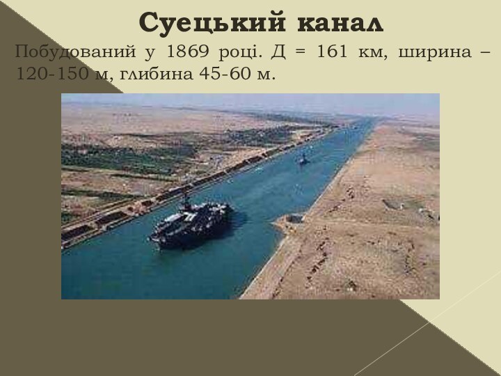 Суецький каналПобудований у 1869 році. Д = 161 км, ширина – 120-150