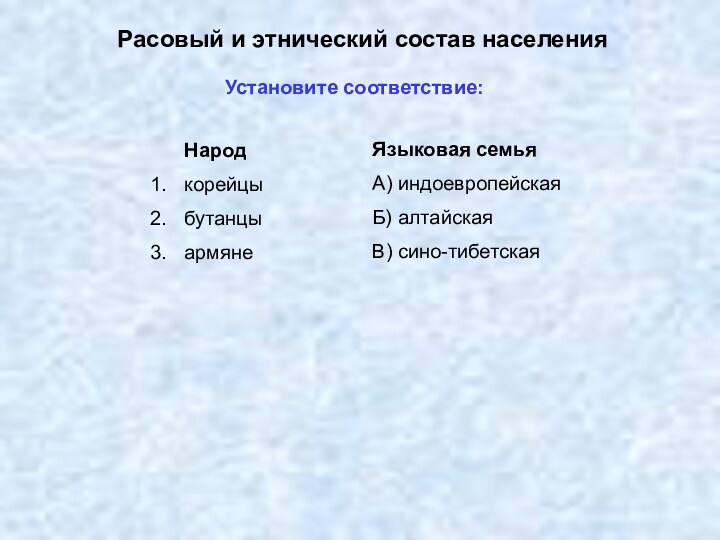 Расовый и этнический состав населенияУстановите соответствие:НародкорейцыбутанцыармянеЯзыковая семьяА) индоевропейскаяБ) алтайскаяВ) сино-тибетская