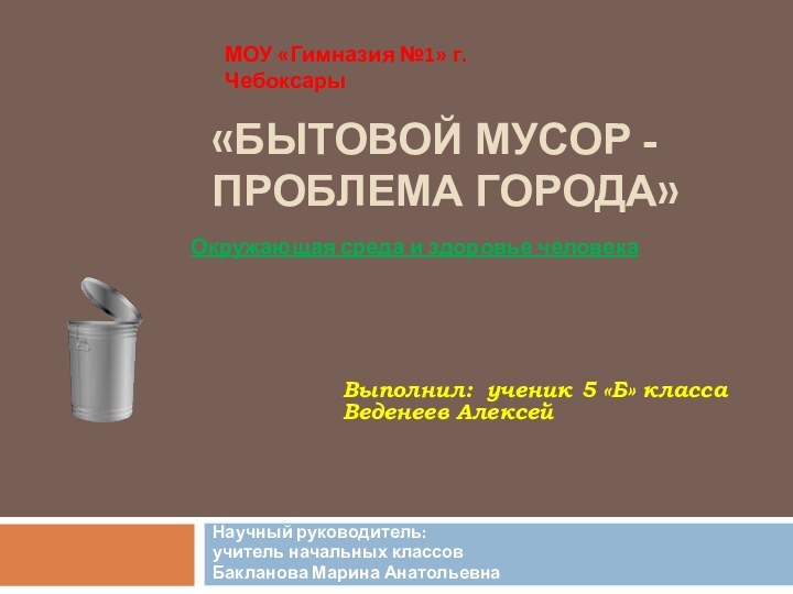 «Бытовой мусор - проблема города» Научный руководитель:учитель начальных классовБакланова Марина Анатольевна МОУ