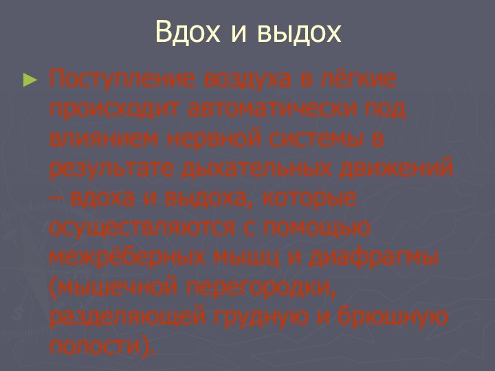 Вдох и выдохПоступление воздуха в лёгкие происходит автоматически под влиянием нервной системы