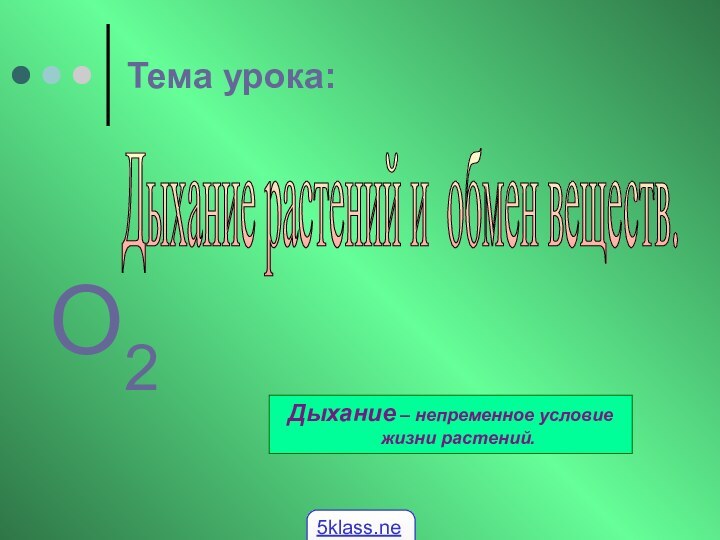 Тема урока:Дыхание растений и обмен веществ. Дыхание – непременное условие  жизни растений.О2