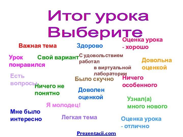 Итог урокаВыберитеНичего не понятноЕсть вопросыСвой вариантБыло скучноДовольна оценкойУзнал(а) много новогоЯ молодец!Легкая темаУрок