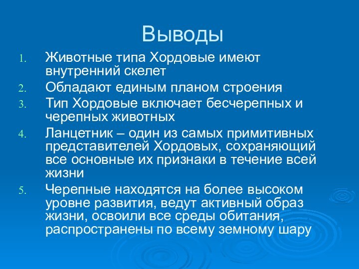 ВыводыЖивотные типа Хордовые имеют внутренний скелет Обладают единым планом строенияТип Хордовые включает