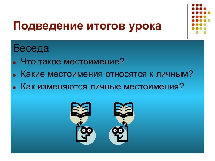 Подведение итогов урокаБеседаЧто такое местоимение?Какие местоимения относятся к личным?Как изменяются личные местоимения?