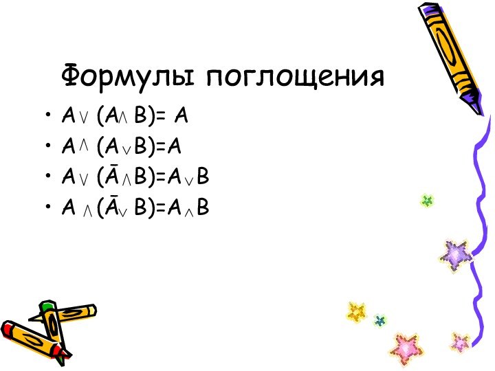 Формулы поглощенияА  (А В)= АА  (А В)=АА  (Ā В)=А