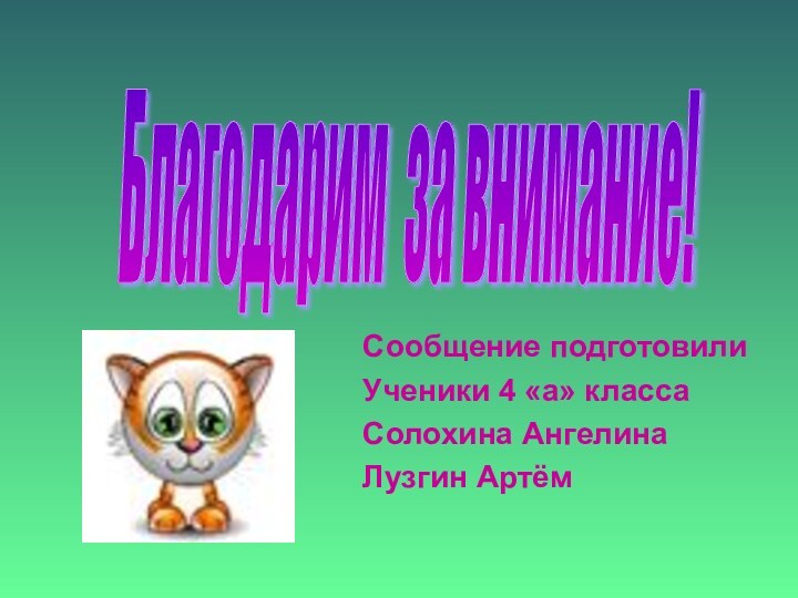 Сообщение подготовилиУченики 4 «а» классаСолохина АнгелинаЛузгин АртёмБлагодарим за внимание!