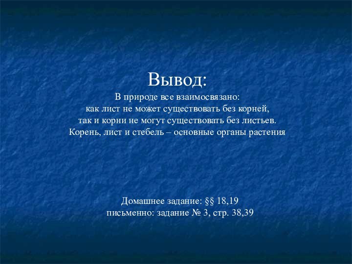 Вывод:В природе все взаимосвязано:как лист не может существовать без корней,так и корни