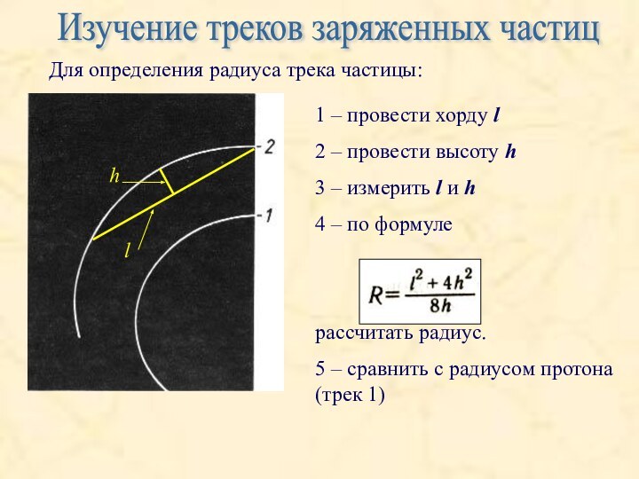 Для определения радиуса трека частицы:Изучение треков заряженных частиц1 – провести хорду l2