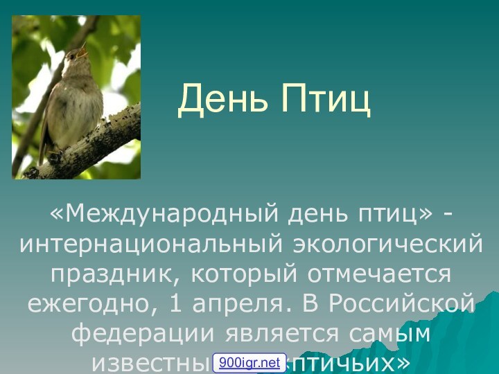 День Птиц«Международный день птиц» - интернациональный экологический праздник, который отмечается ежегодно, 1