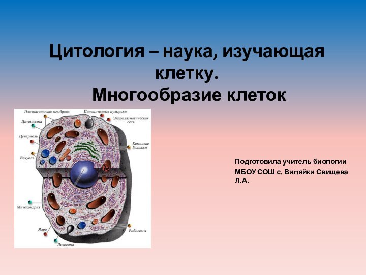 Цитология – наука, изучающая клетку.  Многообразие клетокПодготовила учитель биологии МБОУ СОШ с. Виляйки Свищева Л.А.