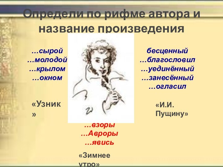 Определи по рифме автора и название произведения…сырой…молодой…крылом…окномбесценный…благословил…уединённый…занесённый…огласил…чудесный…прелестный…проснись…взоры…Авроры…явись«Узник»«Зимнее утро»«И.И.Пущину»