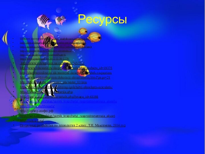 РесурсыШаблон для презентации - http://studylesson.net/akvarium/http://deti-online.com/zagadki/zagadki-pro-ryb/zagadkriu/http://aqualog.ru/new_forum/topic/5817-ob-akvariumakh-neobhttp://startuperblog.ru/v-bolshoy-akvarium-2/http://abo.ua/akvariumy/?currentPage=6http://www.quadruped.ru/2012/11/30/1779/ http://www.vetstep.com.ua/catalogue/745/752/http://www.vitawater.ru/shop/product_info.php?products_id=19375http://shopbuyonline.co.uk/zooroyal-de/aquarien-zubeh-r/aquariumhttp://www.optimabuy.com/dekoracii-akvariumnye.html?page=28http://www.klumba.info/water_pla/water_83.htmhttp://gambusia.ru/2012/12/sitnyag-igolchatyj-eleocharis-acicularis/http://www.aquastar.by/rastenija.phphttp://www.aqa.ru/photos/details.php?image_id=43198http://wz-s.do.am/blog/somik_krapchatyj_rasprostranennaja_akvariu     http://arsteg.ru/threads/