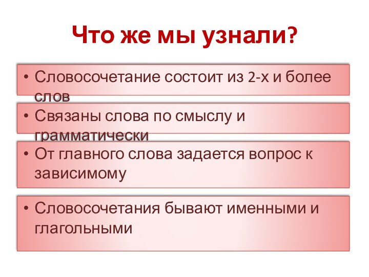 Что же мы узнали?Словосочетание состоит из 2-х и более словСвязаны слова по