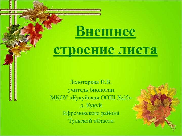 Внешнее  строение листаЗолотарева Н.В.учитель биологииМКОУ «Кукуйская ООШ №25»д. КукуйЕфремовского районаТульской области