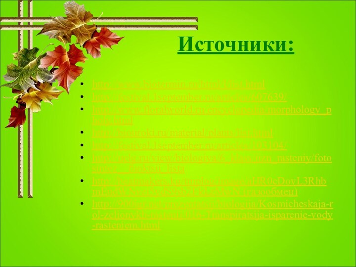 Источники:http://www.biotermin.ru/html/l/list.htmlhttp://festival.1september.ru/articles/607639/http://www.floralworld.ru/encyclopedia/morphology_pholy.htmlhttp://biouroki.ru/material/plants/list.htmlhttp://festival.1september.ru/articles/103104/http://uclg.ru/view/biologiya/6_klass/jizn_rasteniy/fotosintez__funktsii_lista http://beatmakers.kg/tmplog/image/aHR0cDovL3RhbmEudWNvei5ydS9sb2FkLzMwN (газообмен)http:///prezentatsii/biologija/Kosmicheskaja-rol-zeljonykh-rastenij/016-Transpiratsija-isparenie-vody-rasteniem.html