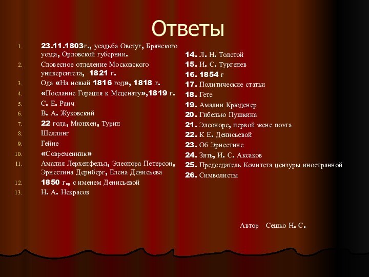 Ответы23.11.1803г., усадьба Овстуг, Брянского уезда, Орловской губернии.Словесное отделение Московского университета, 1821 г.Ода