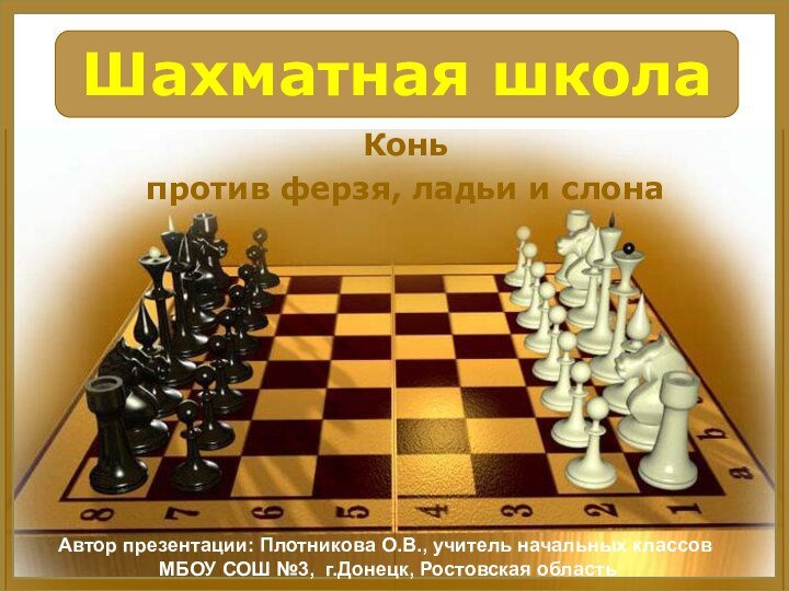 Шахматная школаКонь против ферзя, ладьи и слонаАвтор презентации: Плотникова О.В., учитель начальных