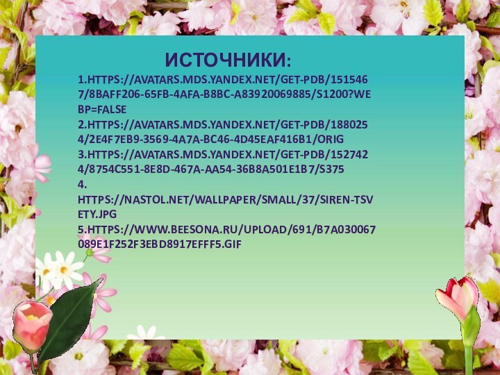 Источники:1.https://avatars.mds.yandex.net/get-pdb/1515467/8baff206-65fb-4afa-b8bc-a83920069885/s1200?webp=false2.https://avatars.mds.yandex.net/get-pdb/1880254/2e4f7eb9-3569-4a7a-bc46-4d45eaf416b1/orig3.https://avatars.mds.yandex.net/get-pdb/1527424/8754c551-8e8d-467a-aa54-36b8a501e1b7/s3754. https://nastol.net/wallpaper/small/37/siren-tsvety.jpg5.https://www.beesona.ru/upload/691/b7a030067089e1f252f3ebd8917efff5.gif