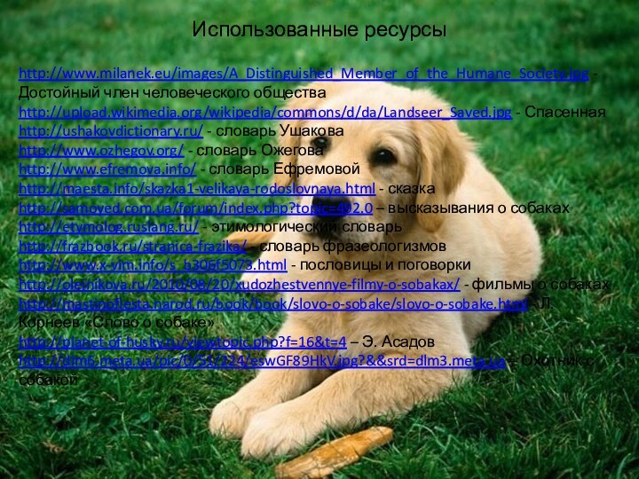 Использованные ресурсыhttp://www.milanek.eu/images/A_Distinguished_Member_of_the_Humane_Society.jpg - Достойный член человеческого обществаhttp://upload.wikimedia.org/wikipedia/commons/d/da/Landseer_Saved.jpg - Спасеннаяhttp://ushakovdictionary.ru/ - словарь Ушаковаhttp://www.ozhegov.org/