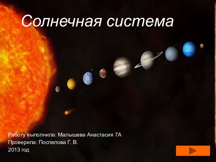 Солнечная системаРаботу выполнила: Малышева Анастасия 7АПроверила: Поспелова Г. В.2013 год