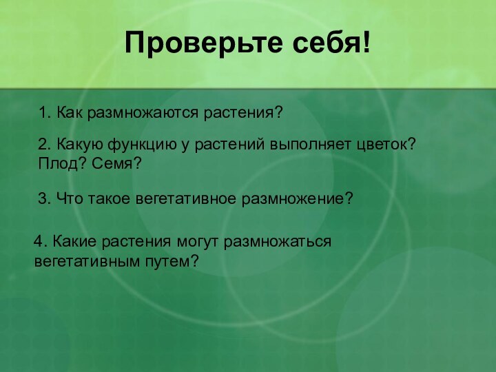 Проверьте себя!1. Как размножаются растения?2. Какую функцию у растений выполняет цветок? Плод?