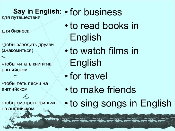 Say in English: for businessto read books in Englishto watch films