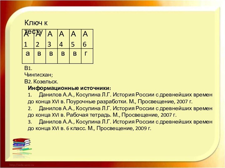 Ключ к тестуИнформационные источники:1.	Данилов А.А., Косулина Л.Г. История России с древнейших времен