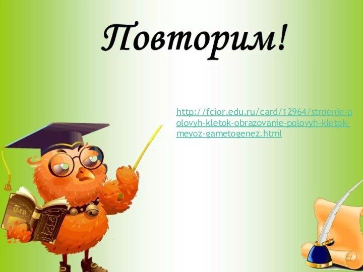 Повторим!http://fcior.edu.ru/card/12964/stroenie-polovyh-kletok-obrazovanie-polovyh-kletok-meyoz-gametogenez.html http://fcior.edu.ru/card/12964/stroenie-polovyh-kletok-obrazovanie-polovyh-kletok-meyoz-gametogenez.html