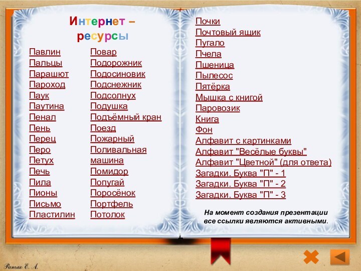 Интернет – ресурсыПавлинПальцы ПарашютПароходПаукПаутинаПеналПеньПерецПероПетухПечьПилаПионыПисьмоПластилинПоварПодорожникПодосиновикПодснежникПодсолнухПодушкаПодъёмный кранПоездПожарныйПоливальная машинаПомидорПопугайПоросёнокПортфельПотолокПочкиПочтовый ящик ПугалоПчелаПшеницаПылесос ПятёркаНа момент создания презентации