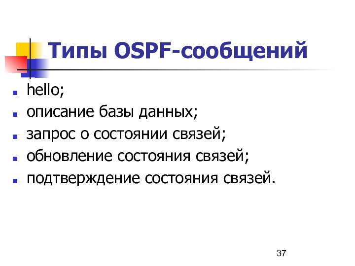 Типы OSPF-сообщений hello;описание базы данных;запрос о состоянии связей;обновление состояния связей;подтверждение состояния связей.