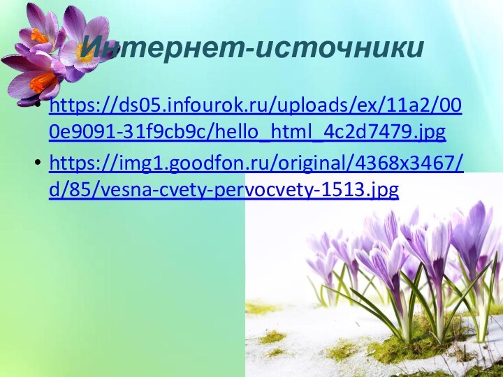 Интернет-источникиhttps://ds05.infourok.ru/uploads/ex/11a2/000e9091-31f9cb9c/hello_html_4c2d7479.jpghttps://img1.goodfon.ru/original/4368x3467/d/85/vesna-cvety-pervocvety-1513.jpg