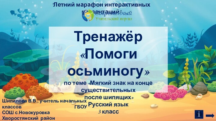 Тренажёр «Помоги осьминогу»по теме «Мягкий знак на конце существительных после шипящих»Русский язык3