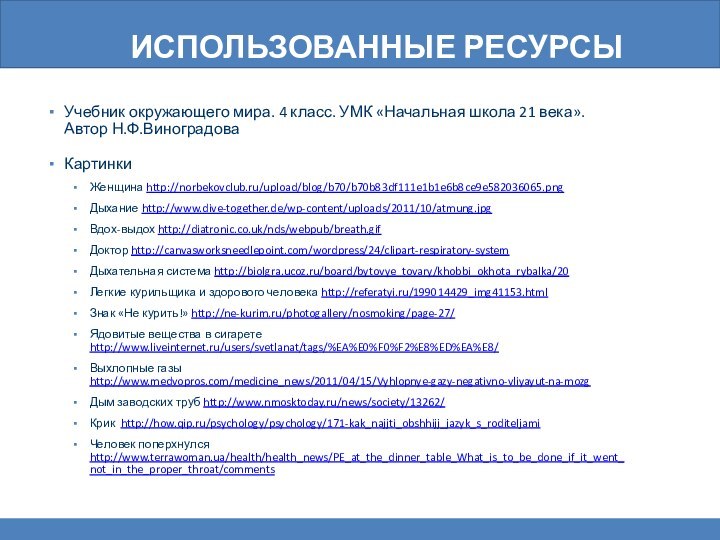 Использованные ресурсыУчебник окружающего мира. 4 класс. УМК «Начальная школа 21 века». Автор