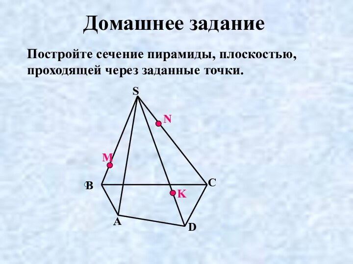 Постройте сечение пирамиды, плоскостью, проходящей через заданные точки.МNKABCDSДомашнее задание