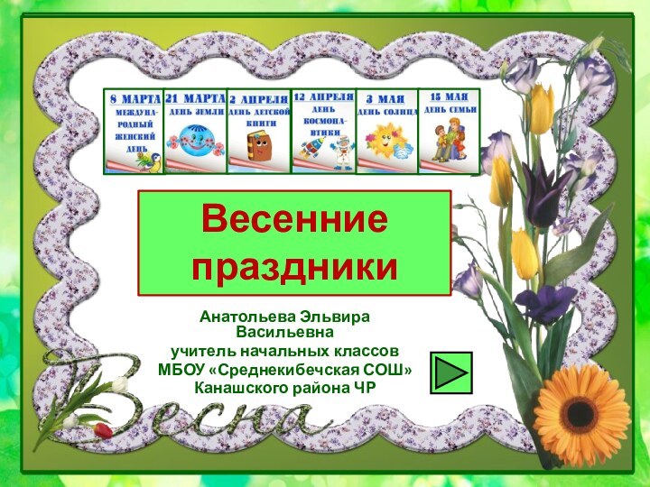 Анатольева Эльвира Васильевнаучитель начальных классов МБОУ «Среднекибечская СОШ»Канашского района ЧРВесенние  праздники